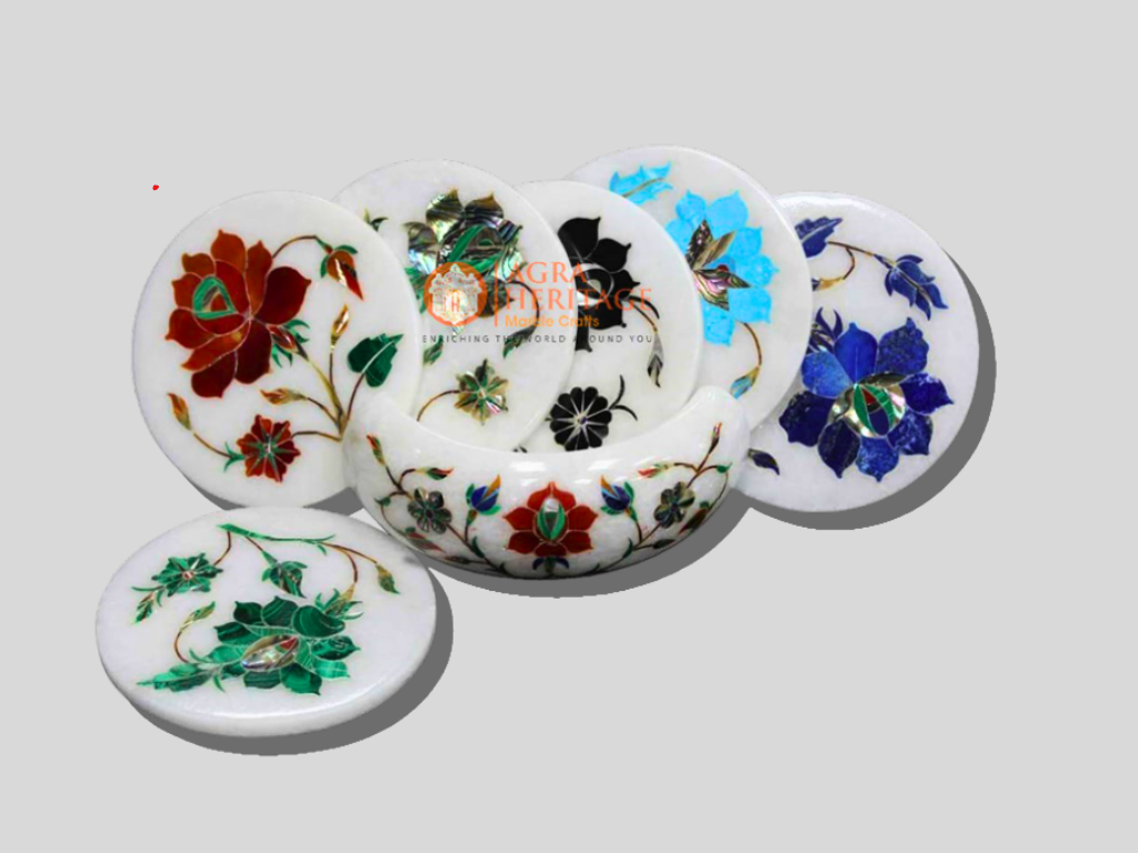 Multi Inlay Floral Design Marble Round Coasters